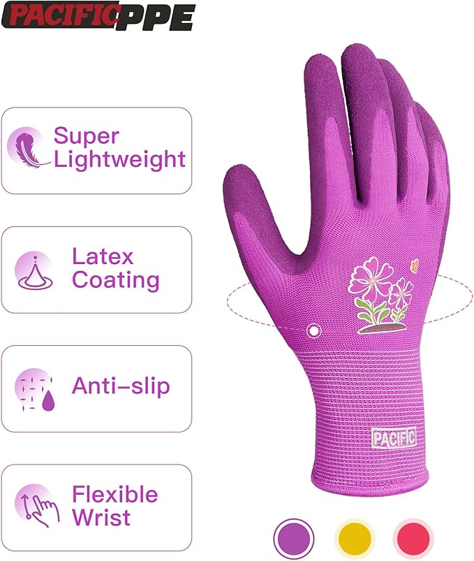 PACIFIC 3 Pairs Gardening Gloves for women, Rubber Coated Garden Gloves, Ladies Yard Work Gloves, Breathable, Purple & Yellow & Red, Small