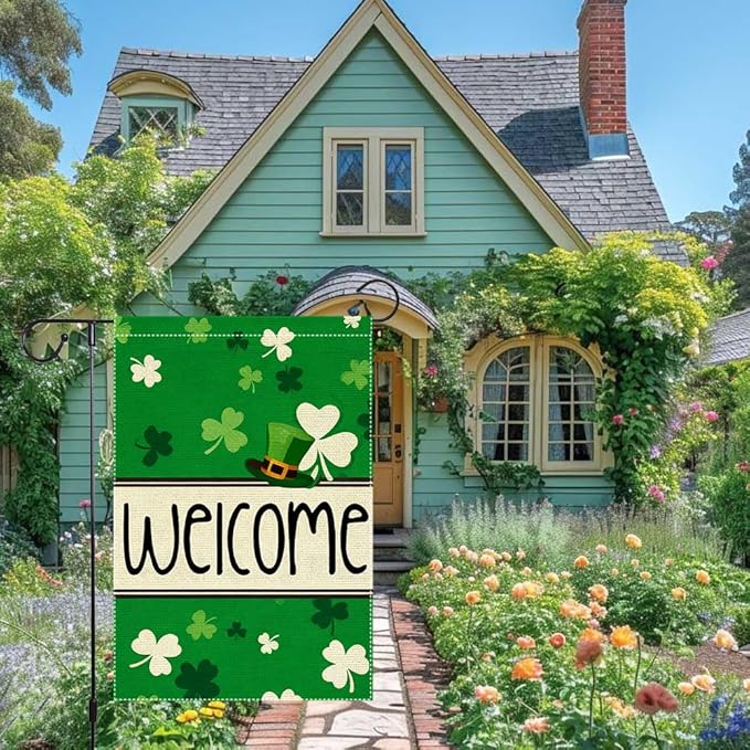 St Patrick's Day Garden Flag 12x18 Inch Double Sided Burlap Welcome Shamrock Leprechaun Hat Green Clover Pattern Outdoor Yard Decor