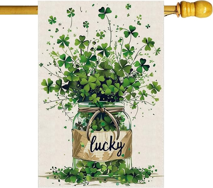 Lucky St. Patrick's Day Green Shamrocks Four-leaf Clovers Glass Bottle House Flag Large Burlap 28X40 Inch Vertical Double Sided Outside Yard Holiday Outdoor Farmhouse Decoration