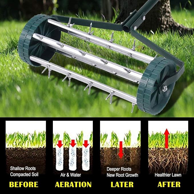 Goplus Rolling Lawn Aerator, 18-Inch Garden Yard Rotary Push Tine Heavy Duty Spike Soil Aeration, Manual Lawn Aeration Tool w/ 41-Inch Handle (Silver)