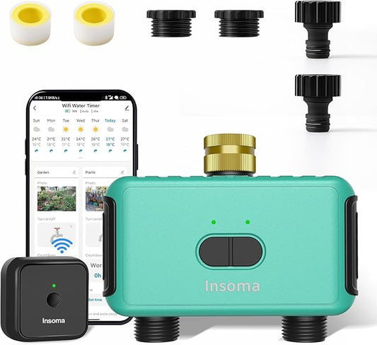Smart Hose Watering Timer with Wi-Fi Hub, Automate Water & Sprinkler Schedules for Lawn, Garden, & Yard Care, Compatible with Alexa Green-Brass Inlet & Plastics Outlet (2-Outlet)