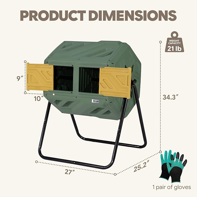 Updated 43 Gallon Dual-Chamber Compost Bin, Fast Assembly Outdoor Compost Tumbler, Rotating Batch Composter Bin with Gloves for Garden, Kitchen, and Yard