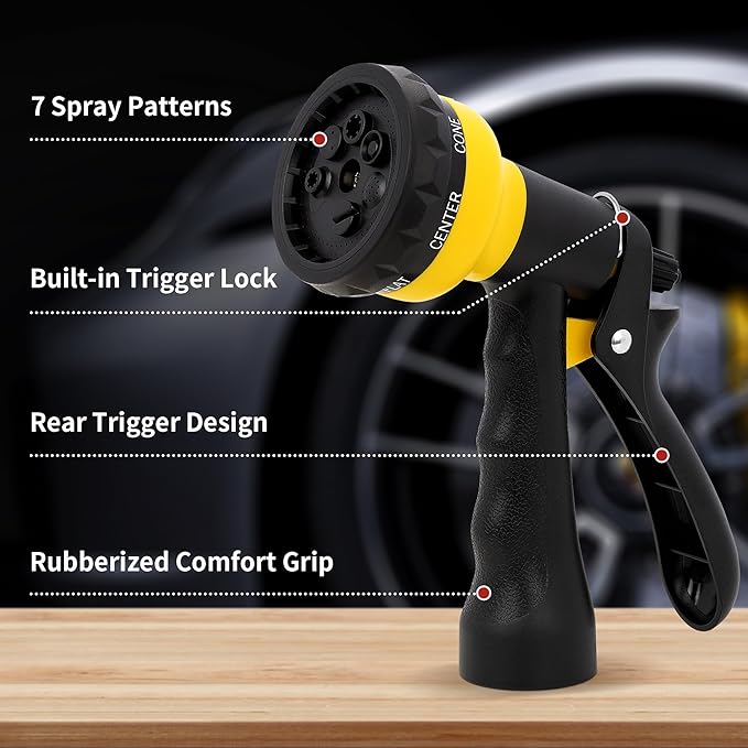 NEXCOVER Garden Hose Nozzle Sprayer - 7 Adjustable Watering Patterns Nozzle for Water Hose, Non-Slip Garden Spray Nozzle for Car Washing, Watering Plants, Pets Showering, Lawns Cleaning, Yellow
