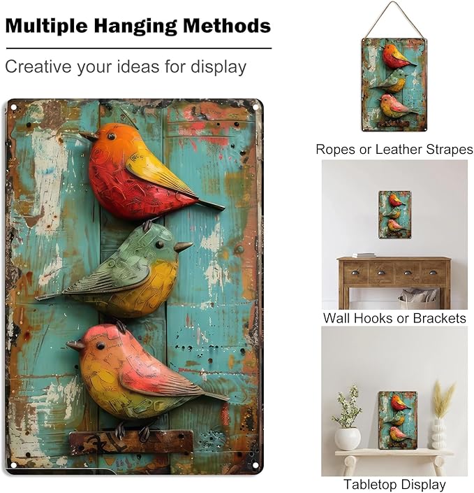 Vintage Cute Birds Metal Sign Retro Bird Tin Plate Wall Decor Rustic Tin Painting for Home Bedrooms Yard Bars Pubs Gardens Patios Porches 8x12 Inch