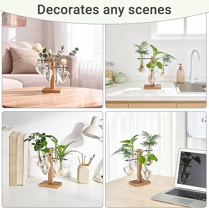 Mkono Heart Shaped Propagation Station with Wood Stand, Glass Hydroponic Planter Desktop Plant Terrarium for Home Office Decor, Gifts for Plant Lovers - 4 Love Bulb Pot Vase