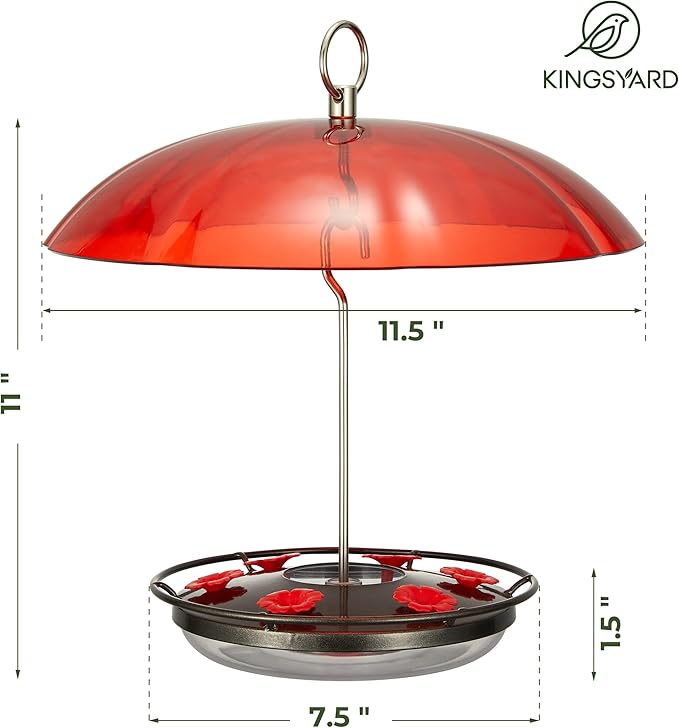 Kingsyard 12 oz Hummingbird Feeder with Rain Guard Dome, Leak-Proof Saucer Nectar Feeder for Outdoors Hanging, Built-in Ant Moat & 6 Bee-Proof Ports, Easy to Refill & Clean, Black