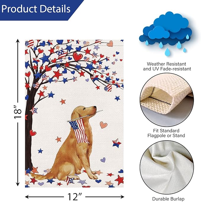 Louise Maelys 4th of July Garden Flag 12x18 Double Sided, Small Burlap Welcome Patriotic Golden Retriever Dog Yard House for Memorial Veterans Independence Day Outdoor Decor