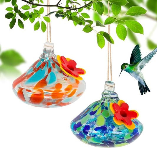 2 Pcs Blown Glass Hummingbird Feeder for Outdoors Hanging, Ant & Bee Resistant Window Bird FeederHandmade Garden Decor Gift for Women - Small Round Glass Feeders Bundle