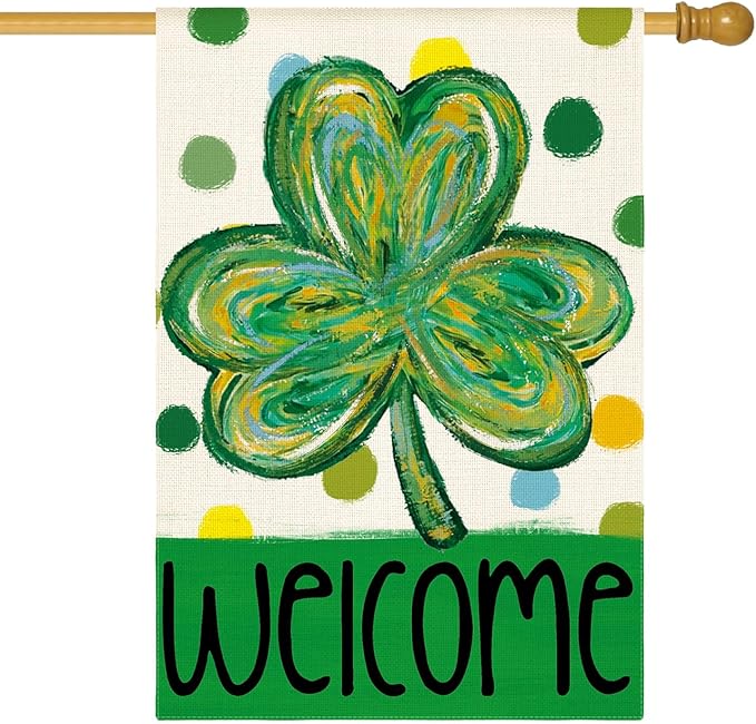 AVOIN colorlife St Patricks Day House Flag 28x40 Inch Double Sided Outside, Shamrock Clover Polka Dots Welcome Yard Outdoor Flag