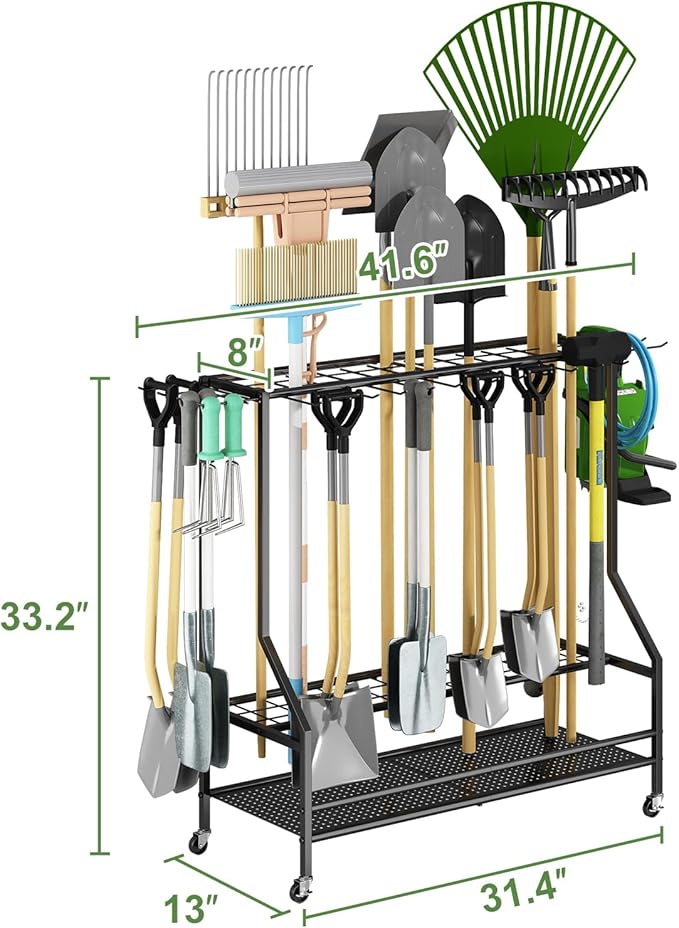GILLAS Garden Tool Organizer for Garage, Utility Storage Racks with Hooks, Metal Yard Tool Stand Holder Organizer for Long-Handled, Broom, Shovel, Rake, Sturdy Heavy Rack for Outdoor, Yard, Black