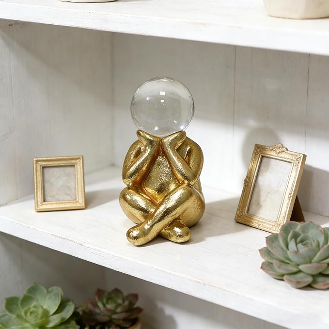 Golden Thinker Statue with Crystal Ball, 4.72” Tall Resin Abstract Figurine, 3.54" L x 2.36" W, Modern Home Decor for Shelf, Desk, Mantel & Office Accent (People)