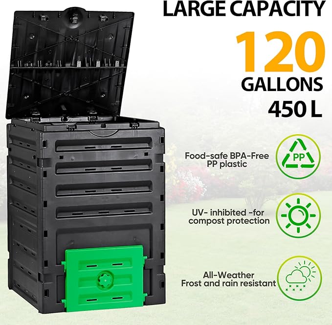 SUPER DEAL 120 Gallon Garden Compost Bin, 450L Outdoor Waste Composter with Flip-top Lid, Large Capacity BPA Free Material for Fast Creation of Fertile Soil, Easy to Assemble, Black