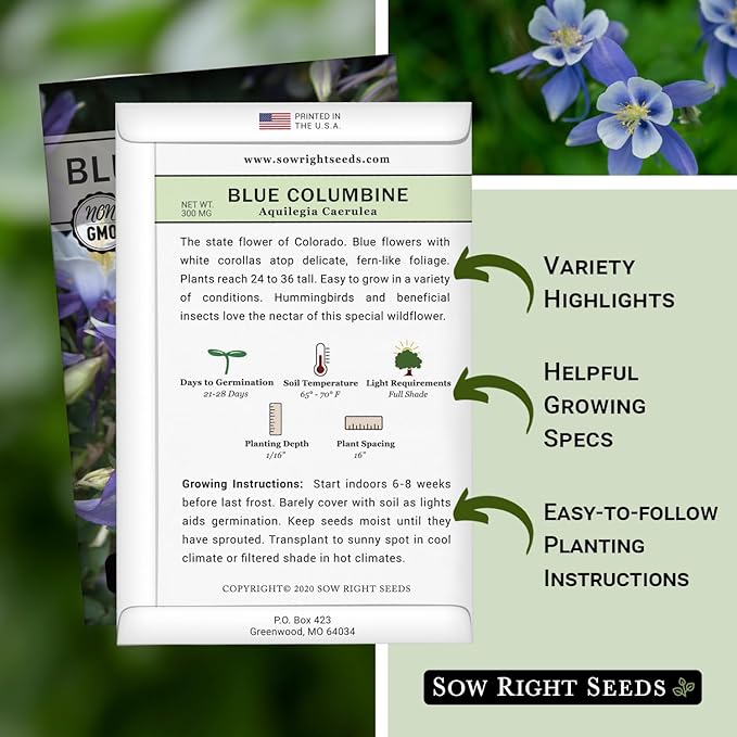 Sow Right Seeds - Blue Columbine Flower Seeds to Plant - Non-GMO Heirloom Packet With Instructions to Plant in Your Garden- Beautiful Perennial Flowers - Attract Hummingbirds, Bees and Butterflies (2)