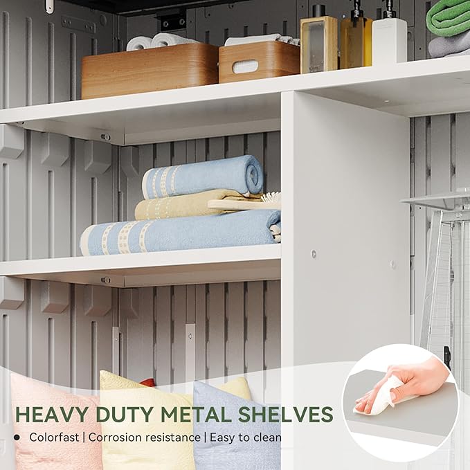 Aoxun Outdoor Resin Storage Shed with Metal Shelving Kit & Floor, 64 Cu.Ft Vertical Waterproof Storage Cabinet for Garage, Pool, Bike, Garden Tools, Patio Furniture (White)