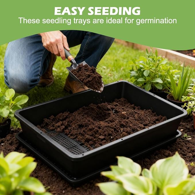 5 Pack Soil Blocking Trays(14"x12"x3"), Plastic Flat Plant Tray for Holding or Collecting Drainage Water, Elevated Microgreen Seed Starter Tray for Seed Germination (Black)