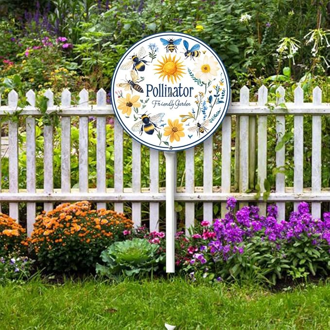 Garden Signs Pollinator Friendly Garden Sign with Stake Outdoor Aluminum Yard Sign Rustproof Aluminum Metal Sign Fade Resistant Lawn Decoration for Outdoor 9.2x9.2inch