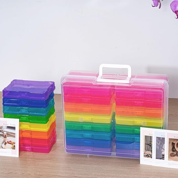 novelinks Transparent 4" x 6" Photo Organizers and Photo Storage Box with Handle, 16 Inner Photo Cases, Portable Picture Organizers & Photo Storage Containers (Multi-Colored 2Pack)