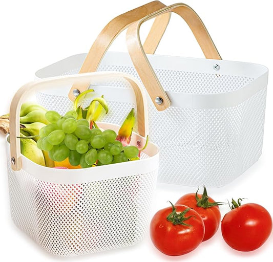 2 Pack Plastic Mesh Garden Harvest Basket, Plastic Picnic Baskets with Foldable Wooden Handle, Rectangle Fruit Vegetable Storage Organizer Bins for Gathering, Kitchen, Pantry, White