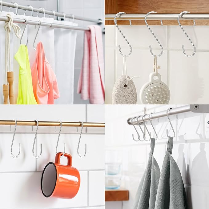 3.54 Inch 30 Pack S Hooks - Stainless Steel Heavy Duty with Rubber Stopper, Small S Hooks for Hanging Plants, Baskets, Clothes, Pan, Cups, Towels (Silver)