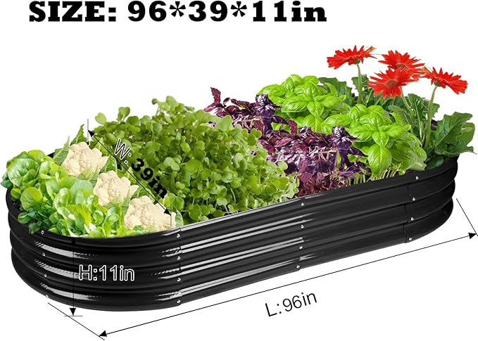 Raised Garden Bed GRS Certified Galvanized Planter Box Outdoor, 8ft Oval Rot-Resistant Metal Garden Bed Planter, Recycled Eco-Friendly Material Planter for Vegetables Flowers Herbs (Black)
