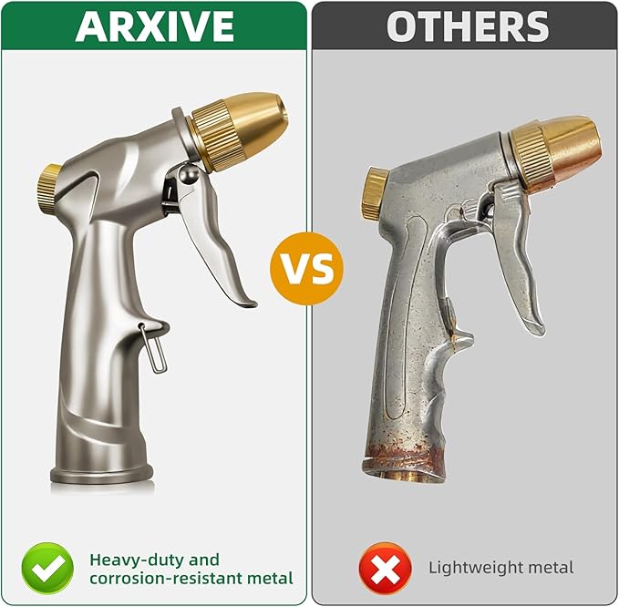 ARXIVE Garden Hose Nozzle Hand Sprayer, Heavy Duty High Pressure 100% Metal with 4 Adjustable Spray Patterns for Watering Lawn, Garden, Car Washing,Pets & Windows