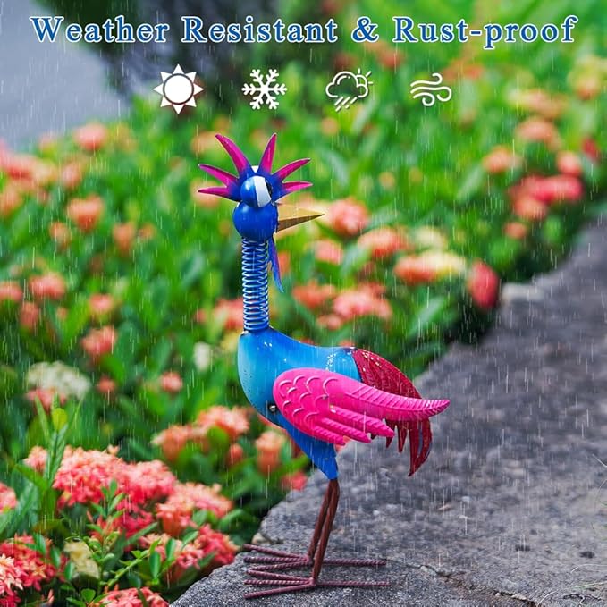 Metal Wacky Rooste Garden Statue, Rooster Decor Yard Statue Decorations Outdoor, Chicken Yard Art for Outside, Patio, Backyrad, Lawn (Blue & Pink)