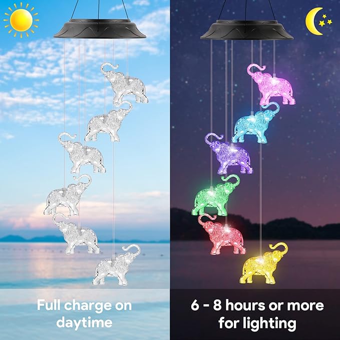 Birthday Gifts for Women Mom Grandma, Gardening Gifts for Women, Elephant Solar Wind Chimes for Outside, Wind Chimes Outdoor Waterproof, Solar Lights Outdoor Decorative for Garden Patio Yard