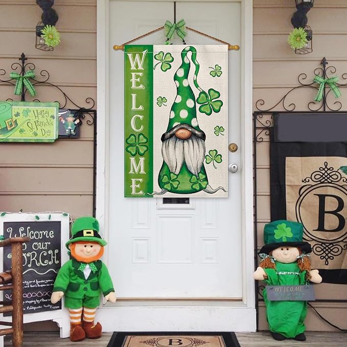 AVOIN colorlife Welcome St Patricks Day House Flag 28 x 40 Inch Double Sided, Leprechaun Gnome Shamrock Lucky Clover Holiday Yard Outdoor Flag