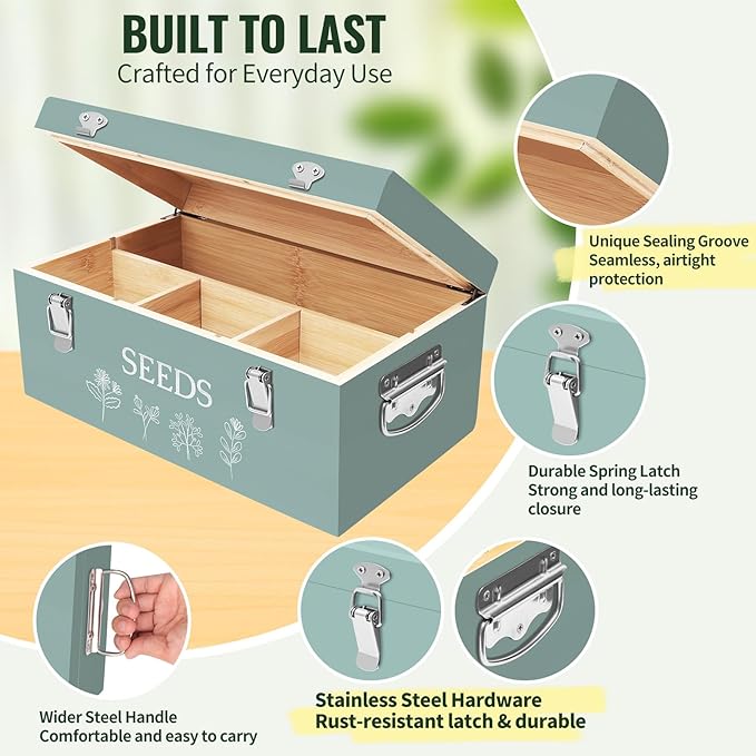 Large Bamboo Wood Seed Storage Organizer Box with Lid, Double-Layer Seal Design Seed Saving Box with 304 Stainless Steel Safety Lock, Handles, Extra Seed Envelopes and Labels, Great Gifts for Gardener