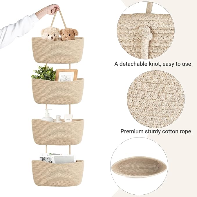 Dahey Over The Door Hanging Basket 4-Tier Woven Boho Wall Mounted Storage Organizer with Hooks for Bedroom Nursery Bathroom Apartments Dorm Pantry Decor, Jute