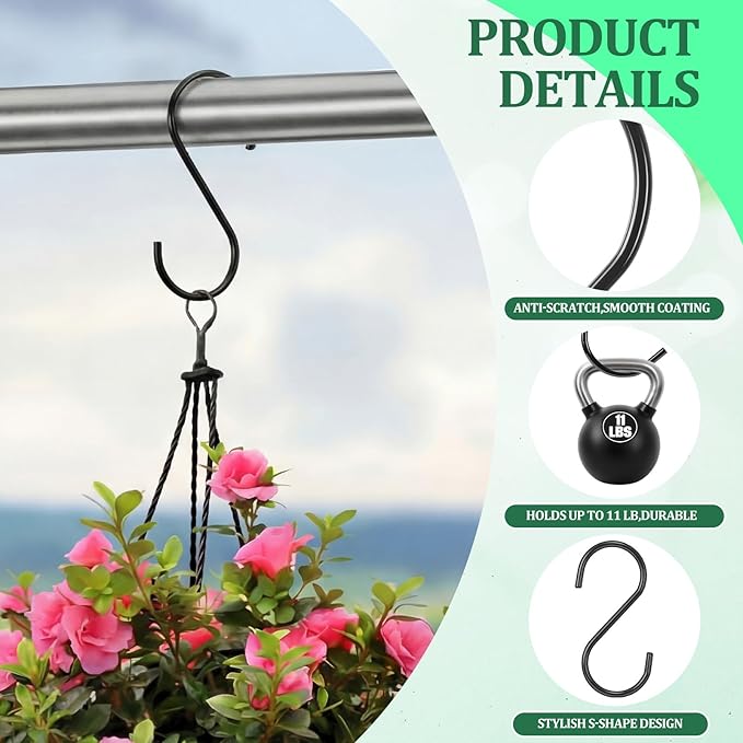 12 Pack 6 Inch Black S Hooks for Hanging Pots and Pans, Vinyl Coated Metal Kitchen Pot Rack Hooks Heavy Duty Hangers for Closet Jeans Utensils Coffee Mugs Plants