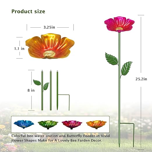 2 Pack Bee Watering Station,Colorful Metal Insect Bath Feeder for Garden, Butterfly Feeder and Bird Drinking with Flower Design, Outdoor Yard Decor (Yellow,Green)