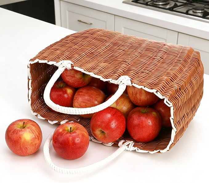 Poly Wicker Shopping Basket, Large Plastic Market Tote with Handles, Open Top Harvest Picnic Grocery Gift Basket, Woven Garden Bag for Gathering Vegetables Fruits, Foraging, Wedding, Party