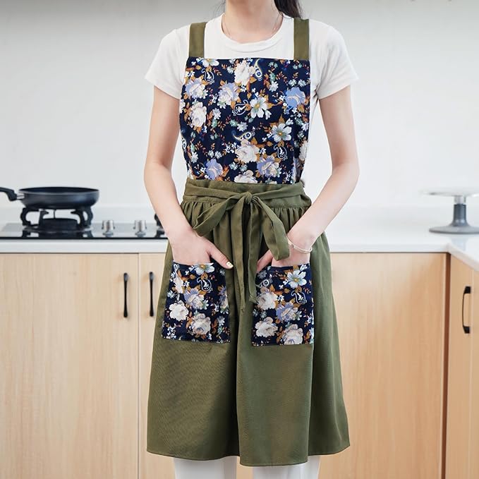 Vintage Pinafore Apron Dress for Women with Pockets Cute Floral Chef Aprons for Kitchen Cooking Baking Gardening