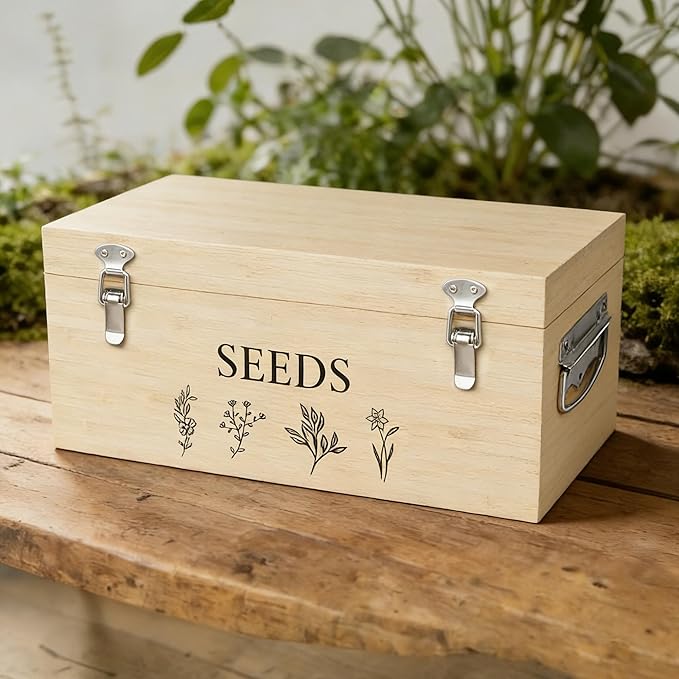 Bamboo Seed Storage Box, Large Garden Seed Organizer with Lid & Safety Lock & Handles, Seed Box Storage Organizer Includes Seed Envelopes and Labels etc, Great Gifts Gardening Kit (Wood)