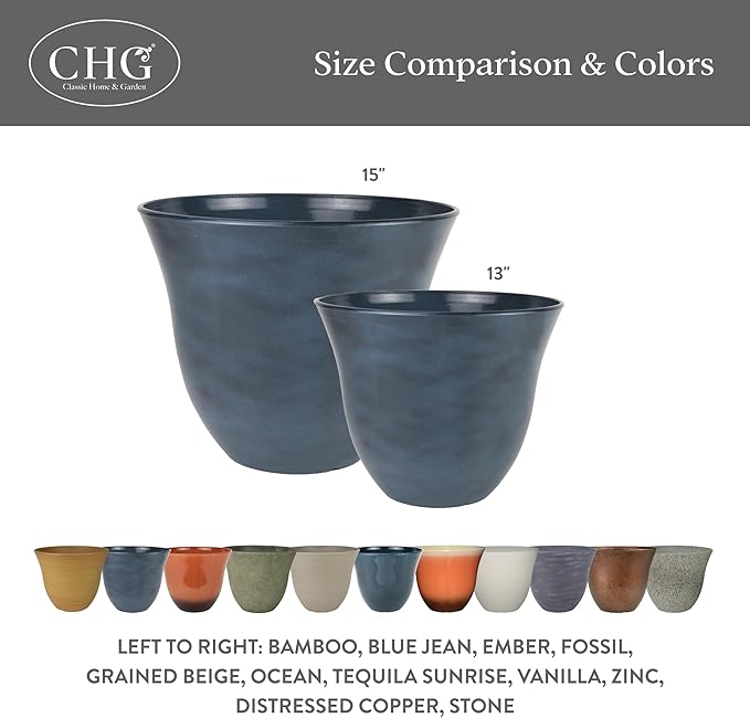 Classic Home and Garden Honeysuckle Resin Planters - Lightweight Indoor & Outdoor Plant Pots - UV-Resistant Plastic Flower Pots - Pot Planters for Flowers & Herbs (15" Blue Jean)