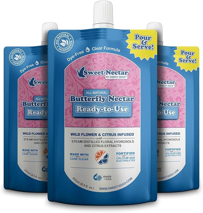 sweet-seed Butterfly Nectar (8oz / 250mL), Ready to Use - Extends The Life of Nectar for Butterfly Feeders (3-Pack)