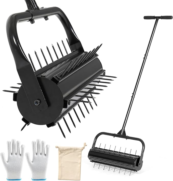 KELIXU Lawn Aerator Tool, 22” Manual Lawn Aerators Roller, Heavy Duty Rolling Lawn Air Aerator Tool with Spike Row, 57.9” H Grass Lawn Aeration Tool, Yard Tools for Garden, Cropland to Loose Soil