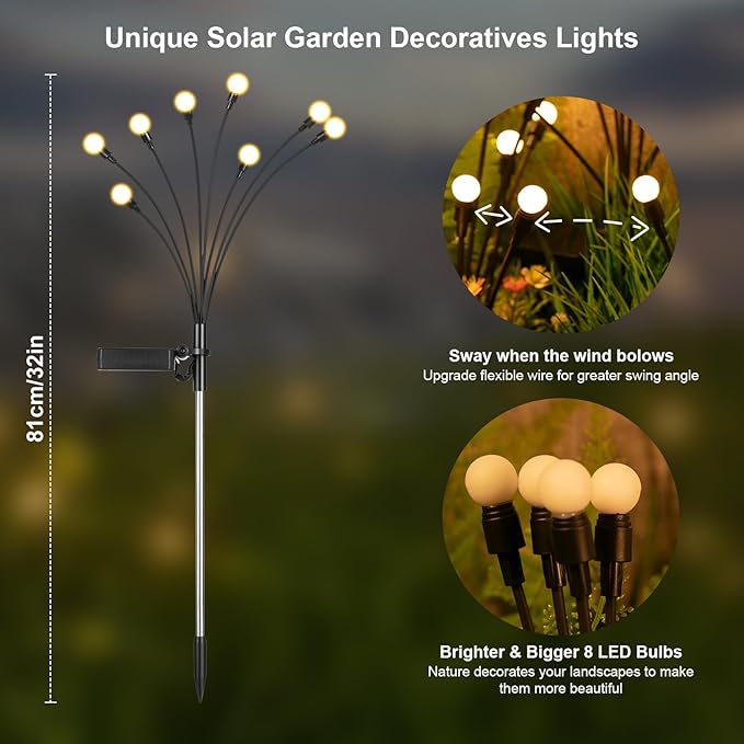 ASMAD Solar Lights Outdoor(4 Pack,32 LEDs), Solar Garden Lights, Outdoor Decorations, Firefly Light for Patio Decor, Big Bulb, Unique Gifts for Women, Gifts for Grandma