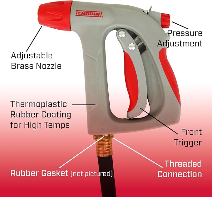 Chapin 4695: Industrial High Temp, High Pressure Front Grip Spray Nozzle with Threaded Connection, Rated Up to 160°F and 125 PSI, Red/Black