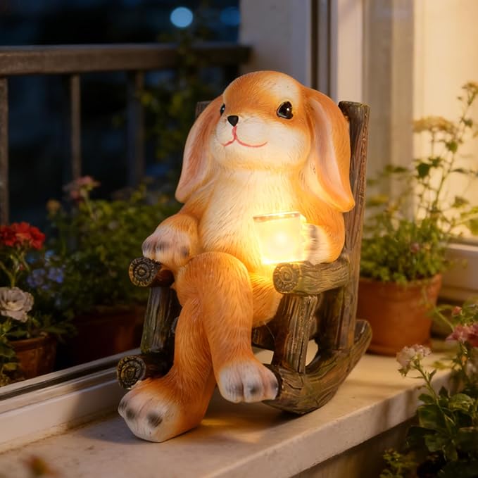 Garden Statues Dog Statue with Solar LED Light, Ideal Gifts for Friends or Family's Birthday, Outdoor Decorations for Yard (Rocking Chair Bunny)