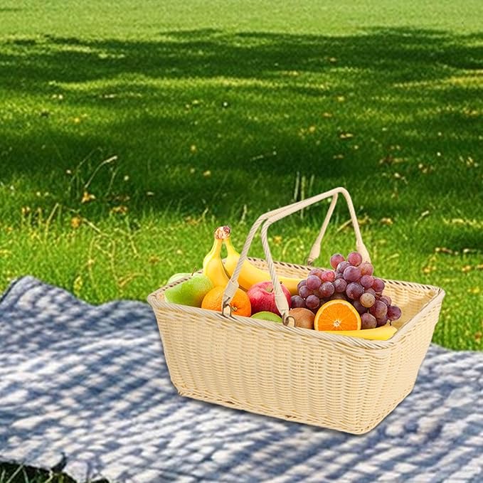 MYCENSE Wicker Picnic Storage Basket with Foldable Handle, PP Woven Empty Picnic Baskets, Sturdy Iron Wire Frame, Versatile Harvest Basket for Camping, Beach, Park, Halloween, B 45x35x20cm