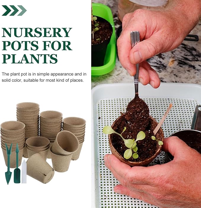 Homoyoyo Seed Starter Peat Pots, 50 Pcs Biodegradable Breed Pots with Plant Labels and Mini Garden Tools, Seed Starting with Drainage Holes for Seedlings, Herbs, Vegetables, Nursery Garden 3.1 Inch