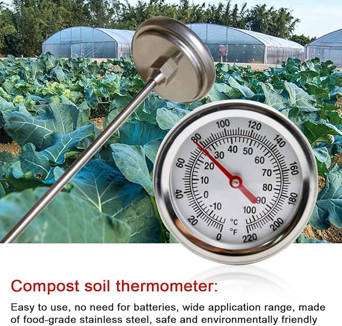 Long Stem Compost Soil Thermometer - Fast Response Stainless Steel 20 Inch - Measuring Probe - Fahrenheit and Celsius