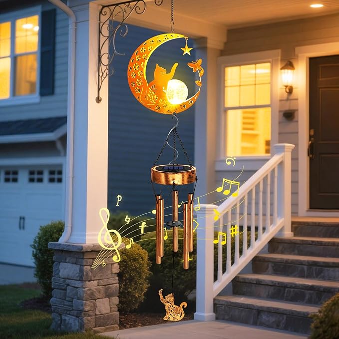 Solar Moon Cat Wind Chimes, Cat Lover Gifts for Mom Women Men Birthday Mothers Day, Hanging Outdoor Decor Cracked Glass Ball Memorial Large Wind Chimes, Decorations for Garden Yard Patio Porch