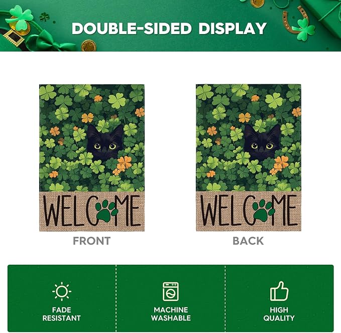 AVOIN colorlife St Patricks Day House Flag 28x40 Inch Double Sided Outside, Black Cat Welcome Shamrocks Holiday Yard Outdoor Flag