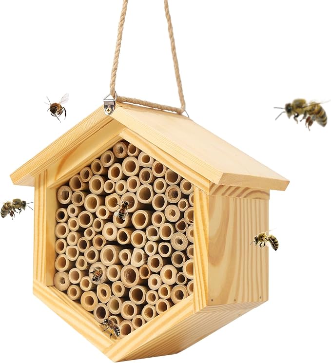 Mason Bee House Native Bee Hive Hexagon Bee House Handmade Wooden Mason Bee Box Habitat Home Hotel with Tubes -Attracts Peaceful Bee Pollinators to Enhance Your Garden's Productivity