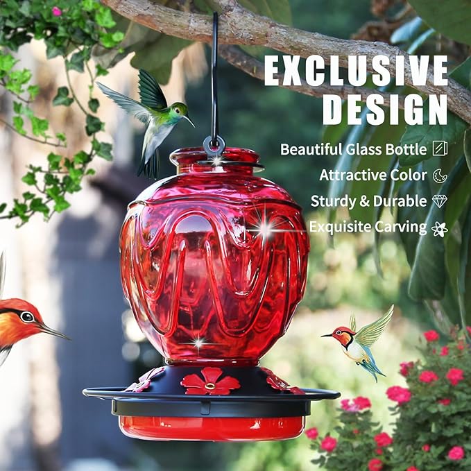 2 Pack Glass Hummingbird Feeder for Outdoors Hanging, 24Ozs Humming Bird Nectar Feeder w/Perch, 5 Flower Feeding Ports, Leak Proof Base and Hook for Outside Garden Backyard Decor, Red