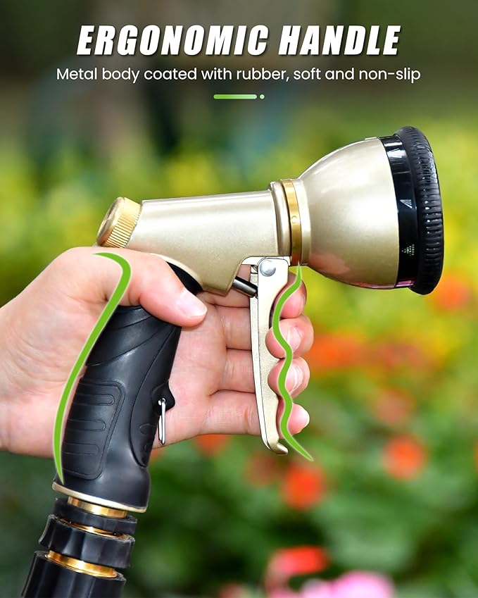 RAINPOINT Garden Hose Nozzle, 9 Spray Patterns Hose Sprayer Nozzle, Heavy Duty Metal Water Hose Nozzle, Adjustable Hand Sprayer, Watering Plants and Lawn, Pet Showering, Green