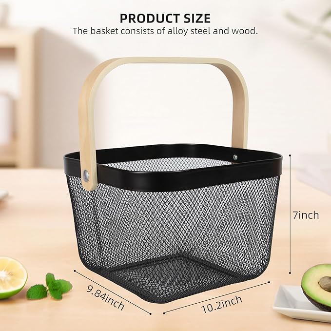 Mesh Steel Harvest Basket with Wood Handle,Hanging Kitchen Baskets Outdoor Basket,Harvest Basket for Garden Vegetables,for Shopping Garden Kitchen Bathroom Home(Black)
